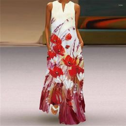 Casual Dresses Vintage Printing Maxi Women Sundress 2024 Summer V-neck Sleeveless Long Dress Fashion Style Elegant Ladies Vestidos
