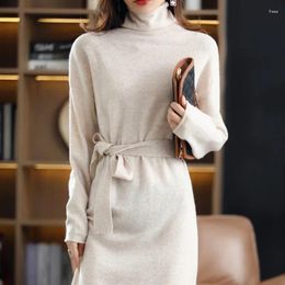 Casual Dresses Tailor Sheep Wool Ladies Dress Solid Colour Long-sleeved Knitted Fashion Slim Long High-neck Cashmere Sweater