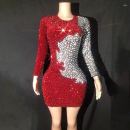 Casual Dresses Shinning Crytrals Diamonds Red Sequins Sexy Sheath Mini Dress Evening Party Performance Costume Bar Nightclub Stage Wear