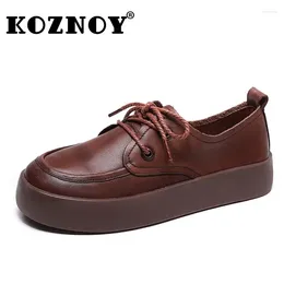 Casual Shoes Koznoy 2024 Retro Ethnic 3.5cm Genuine Leather Wedge Autumn Summer Comfy Women Round Toe Leisure Lace Up Metal Decoration