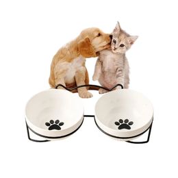 Cat Lift Bowl with Cat Litter Mat Round Pet Metal Elevated Water Feeder Kitten Ceramic Food Feeding Raised Dish Puppy Supplies 240407