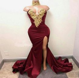 Sexy burgundy Prom Dresses Long Side Split Sweep Train Gold Applique with rhinestones Evening Gowns Custom Made Velvet Party Eveni5871314