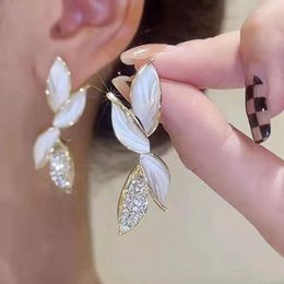 Dangle Earrings Korean Fresh White Leaf Flower Inlaid Bling Cubic Zircon Gold Color Aesthetic For Women Fashion Jewelry