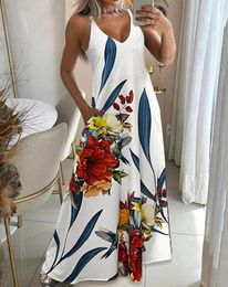 Casual Dresses Women's Vacation Floral Print Pocket Design Maxi Dress Female Clothing 2024 Summer Women Fashion Sleeveless