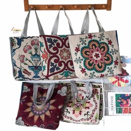 vintage Embroidered Canvas Bag Ethnic Style Handbag Retro Large Capacity Cloth Bag Shoulder Bag T6cN#
