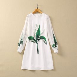 Spring White Floral Print Beaded Dress Long Sleeve Round Neck Rhinestone Short Casual Dresses S4J090104