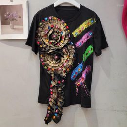 Women's T Shirts European Heavy Industry Three-Dimensional Flower Rhinestone Sequined Hand-Painted Printed Short-Sleeved T-Shirt Y2K Top