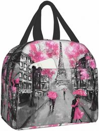 paris Street Eiffel Tower Pink Floral Lunch Bags for Women Boy Girl Reusable Insulated Lunch Box Suitable Travel Work Beach R9Sa#