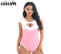 Womens Adult One Piece Bodycon Lingerie Nightwear Heartshaped Cutout Bust Crotch Romper Jumpsuit Bodysuit Sexy Cosplay Costumes L5710917