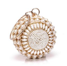 ABERA 2020 new women pearl evening bags round shaped diamond party dinner purse mini clutch wallets metal handel bag mn14983400470