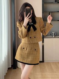 Work Dresses Fall Tweed 2 Piece Set For Women Vintage Outfit Double Breasted Woollen Short Jacket Coat Mini Skirt Suit Elegant Lady Fashion