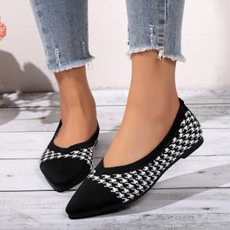 Casual Shoes Elegant Houndstooth Knitted Ballet Flats Woman Point Toe Mesh Moccasins Ladies Big Size Leopard Loafers Soft Driving