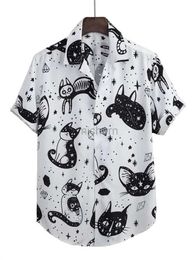 Men's Casual Shirts Cat printed Cuban collar shirts for mens summer vintage elements shirt Hawaii beach clothing outdoor street loose top 240416