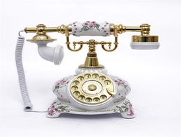 Ceramic Antique Telephone with Vintage Style and White Emboss Rose Desk Phone for Living Room Decor9792107