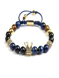 Blue Cz Crown Men Bracelets Whole 8mm Natural Tiger Eye Stone Beads Macrame Jewellery With Stainless Steel Beads6577161