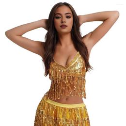 Women's Tanks Halter Neck Tank Top Sparkling Sequin Fringe For Women Belly Dance Nightclub Performance Bra Shiny Bronzing Vest Show