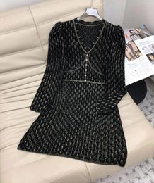 Casual Dresses 2024 Autumn/Winter Black V-neck Chequered Bubble Sleeves Snowflake Sticker Diamond Button Wool Knitted A-line Woman Dress