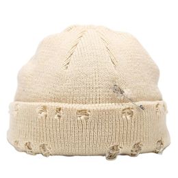 Winter Knit Distressed Docker Beanie With Pin Trawler Beanies Ripped Melon Hat Roll up Edge Skullcap for Men Women1096437