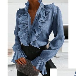 Women'S Blouses & Shirts Women Elegant Ruffles Y V Neck Buttons Retro Denim Blue Long Sleeve Blouse Shirt Office Lady Spring Casual S Dh0Dh