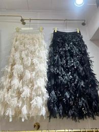 Skirts Heavy Industry Ribbon Sequined Skirt Warm Spring Temperament Petals Tassel Slim High Waist Big Swing A-line Skirt.