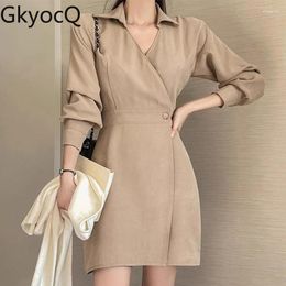 Casual Dresses GkyocQ Korean Chic Fall Elegant Women Dress Temperament Cross V-neck One-button Waist Slim Shirt-style Long-sleeved Female