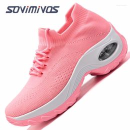 Casual Shoes Women Tennis Air Cushion Red Sports High Heels Mesh Lace-up Female Sock Footwear Outdoor Thick Bottom Sneakers