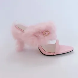 Dress Shoes Plush High Heels Slippers Women Pointed Toe Pink Yellow Feather Stiletto Lady Elegant Wedding Belt Buckle Sandals