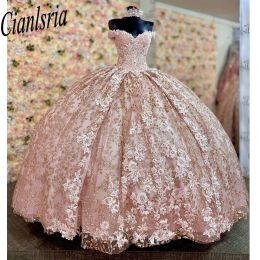Glitter Pink Quinceanera Dress V-Neck Off The Shoulder Appliques Lace Cut-Out Beads Sequin For 15 Girls Ball Formal Gowns