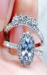 Wedding Rings Paired Silver Colour Lake Blue CZ Crystal Set For Women Princess Promise Party Engagement Couple Ring Jewellery Gift1778247