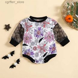 Rompers Listenwind Halloween Baby Girls Fall Sweatshirts Rompers Pumpkin Flower Print Contrast Colour Mesh Long Sleeve Jumpsuits L410