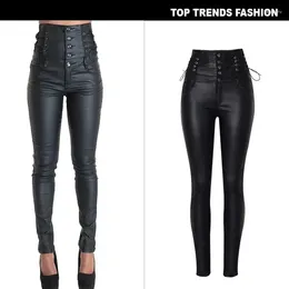 Women's Pants High Waisted Buckle Strap Decorative Coating Imitation Leather Elastic Denim Leggings PU Trousers Women