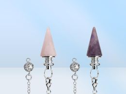 CSJA Conical Pendulum Natural Stone Taper Pendulums Silver Colour Chain Crystal Pendants for Dowsing Spiritual Reiki Healing Jewelr7845293