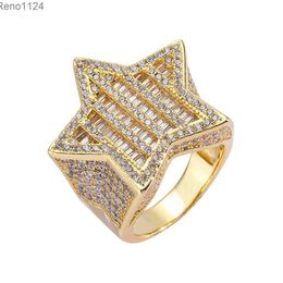 New Star Ring CZ Baguette Gold Plated Cut Diamond Pentagram Shaped Ring Hip Hop Bling Mens Jewellery