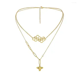 Pendant Necklaces Fashion Double Layers Necklace Honeycomb Bee Pearl Women Clavicle Chain