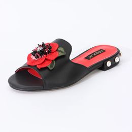 Summer Women Shoes Flat luxury Sandals Brand Designer G Black Ladies Genuine Leather Slippers Woman 240409