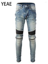 Women's Jeans YEAE Light Blue Ripped Zipper Men High Street Hip Hop Denim Trousers Streetwear Waist Patchwork American Pencil Pants