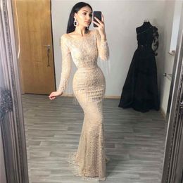 Sharon Said Luxury Beading Tassel Dubai Evening Dresses for Women Long Sleeve Muslim Formal Gowns Party Prom Dress