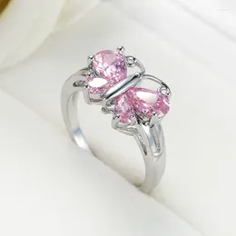 Cluster Rings Silver Colour Butterfly&Sparkling Pink CZ Finger Ring For Woman Jewellery Christmas Gift