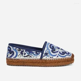 Casual Shoes Blue And White Porcelain Pattern Woven Sole Flat Woman 2024 Pink Round Toe Slip-On Rope Espadrille Leopard Print