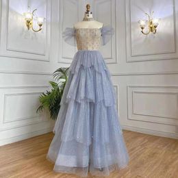 Party Dresses Serene Hill Arabic Blue A-Line Sexy Boat Neck Beaded Lace Up Luxury Dubai Evening Gowns 2024 For Women LA71898