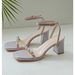 Sandals 2024 Summer Womens High Heel Sandals Large Size Transparent Shoes Square Toe Set Womens Beige Buckle High Heel Shoes Big Comfortable J240416