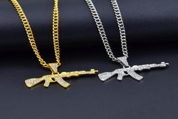 Alloy AK47 Gun Pendant Necklace Iced Out Rhinestone With Hip Hop Miami Cuban Chain Gold Silver Color Men Women Jewelry7807521
