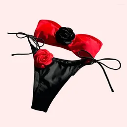 Women's Swimwear Sexy Bikini Set Floral Lace-up Bandeau With Color Patchwork Briefs For Beach Pool Rose Flower