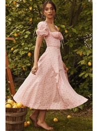 Casual Dresses Marwin 2024 Summer Vintage Dress Print Floral Puff Sleeve Lace-Up Streetwear Strapless Knee-Length For Women Vestido