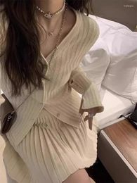 Work Dresses V-Neck Slim Knitted Cardigan Mini Pleated Skirt Fashion Casual Two Piece Set Women 2024 Spring