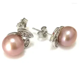 Stud Earrings 9-10mm Natural Lavender Button Pearl 925 Sterling Silver Earring With Zirconia