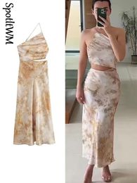 Women Waist Cut Out Sexy Tie-dyed Midi Dress Sleeveless Boho Slip Long Dress Summer Female Elegant Beach Vacation Sundress 240411