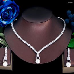 Necklace Earrings Set ThreeGraces Shiny Cubic Zirconia Long Dangle Simulated Pearl Drop And Bridal Party Jewellery For Women TZ979