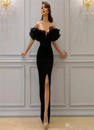 Sexy black arabic Evening Dresses side split ruffles organza off the shoulder sleeves V neck plus size formal evening prom party g5393977