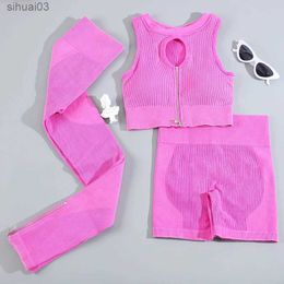 Women's Tracksuits CHRLEISURE Wash Rib Yoga Suit for Women Seamless Sports Set Zipper Running Bra with Butt Lift Scrunch Cycling Shorts Gym OutfitL2403
